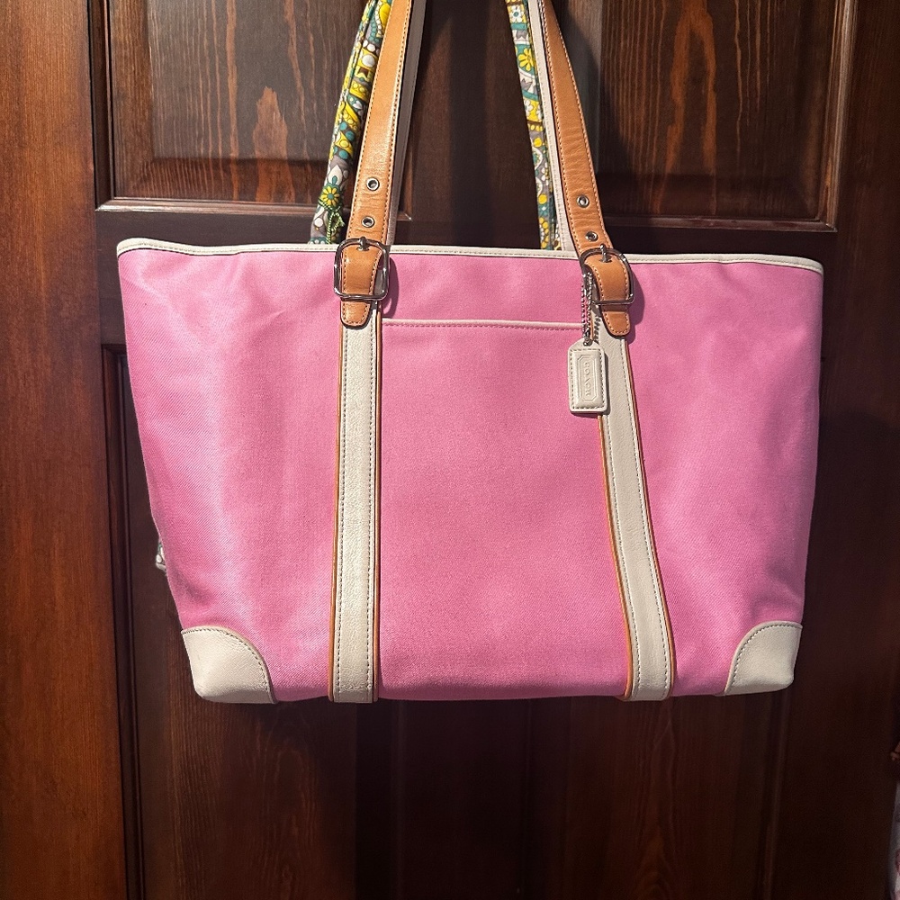 Coach Hampton Park Pink leather trimmed satchel